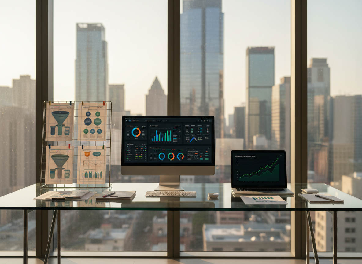 A large, sleek glass desk covered with meticulously organized brand growth materials: color-coded analytics dashboards on a thin, bezel-less monitor, printed marketing funnels pinned to a minimalist metal grid stand, and a slim silver laptop displaying a sharp upward revenue graph. The desk sits in front of a floor-to-ceiling window overlooking a modern city skyline. Late afternoon natural light pours in, creating crisp reflections on the glass surface and subtle shadows from the objects. Photographic realism, clean and modern aesthetic, eye-level composition with a shallow depth of field that keeps the workspace in sharp focus while the cityscape softly blurs, conveying a professional, results-driven atmosphere of strategic brand scaling.