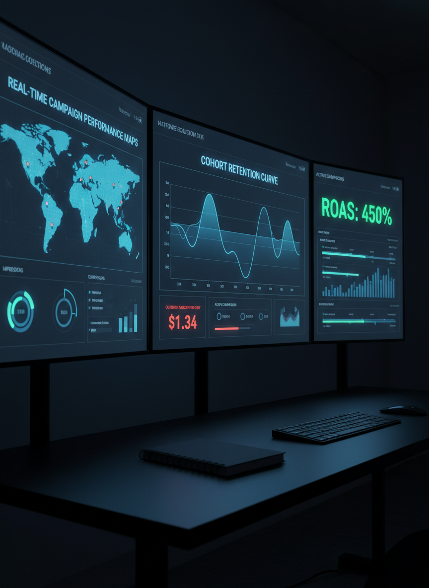 A cluster of three large, wall-mounted digital dashboards in a dark, modern control-room style workspace, each screen showing different high-contrast marketing analytics: customer acquisition costs, ROAS, cohort retention curves, and real-time campaign performance maps. The room is dim except for the cool, glowing light from the screens, which casts subtle blue reflections on a matte black desk holding a streamlined keyboard and notebook. Shot from a low, slightly off-center angle in photographic realism, the composition emphasizes the towering data displays and sharp details, creating a high-tech, performance-focused atmosphere that suggests precise control, optimization, and scalable growth execution.