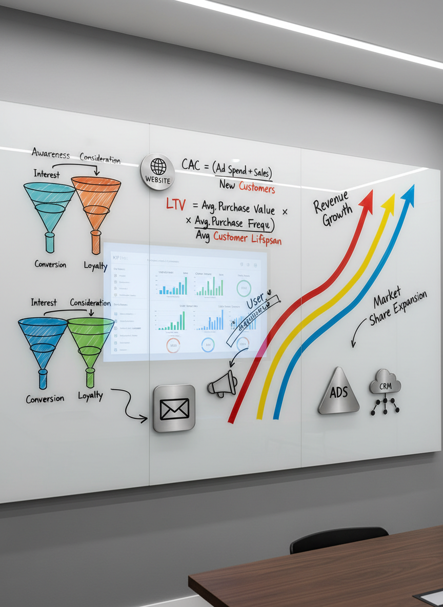 A polished whiteboard wall filled edge to edge with neatly drawn conversion funnels, CAC and LTV calculations, and bold arrows showing growth trajectories in different colors. Magnetic icons representing touchpoints—website, email, ads, CRM—are distributed in a structured layout. The room is a minimalist, high-end meeting space with matte grey walls and a single large screen in the background displaying a clean KPI dashboard. Cool, diffused ceiling lights create even, shadow-free illumination. Captured from a slightly wide, eye-level angle in photographic realism, the composition uses the rule of thirds to emphasize the whiteboard while suggesting depth, creating a focused, analytical, and performance-driven mood ideal for brand scaling strategy.
